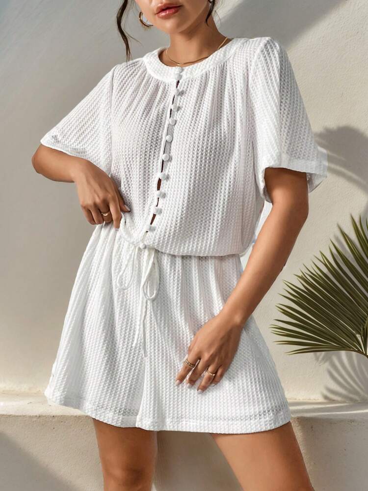 Women's Short Sleeve Button Down Collar Romper