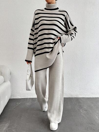 SHEIN Tall Women's Striped High Neck Batwing Sleeve Sweater And Solid Color Pants Two Pieces Set, Tall Women