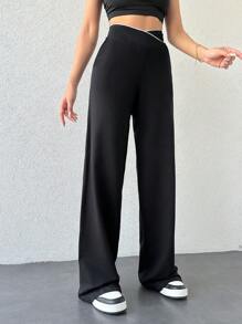 EURMUSE Women Solid Waist Detailed Pants - Black and White - View 5