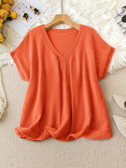 SHEIN LUNE Plus Size Solid Color Batwing Sleeve Knit Top, Spring/Summer