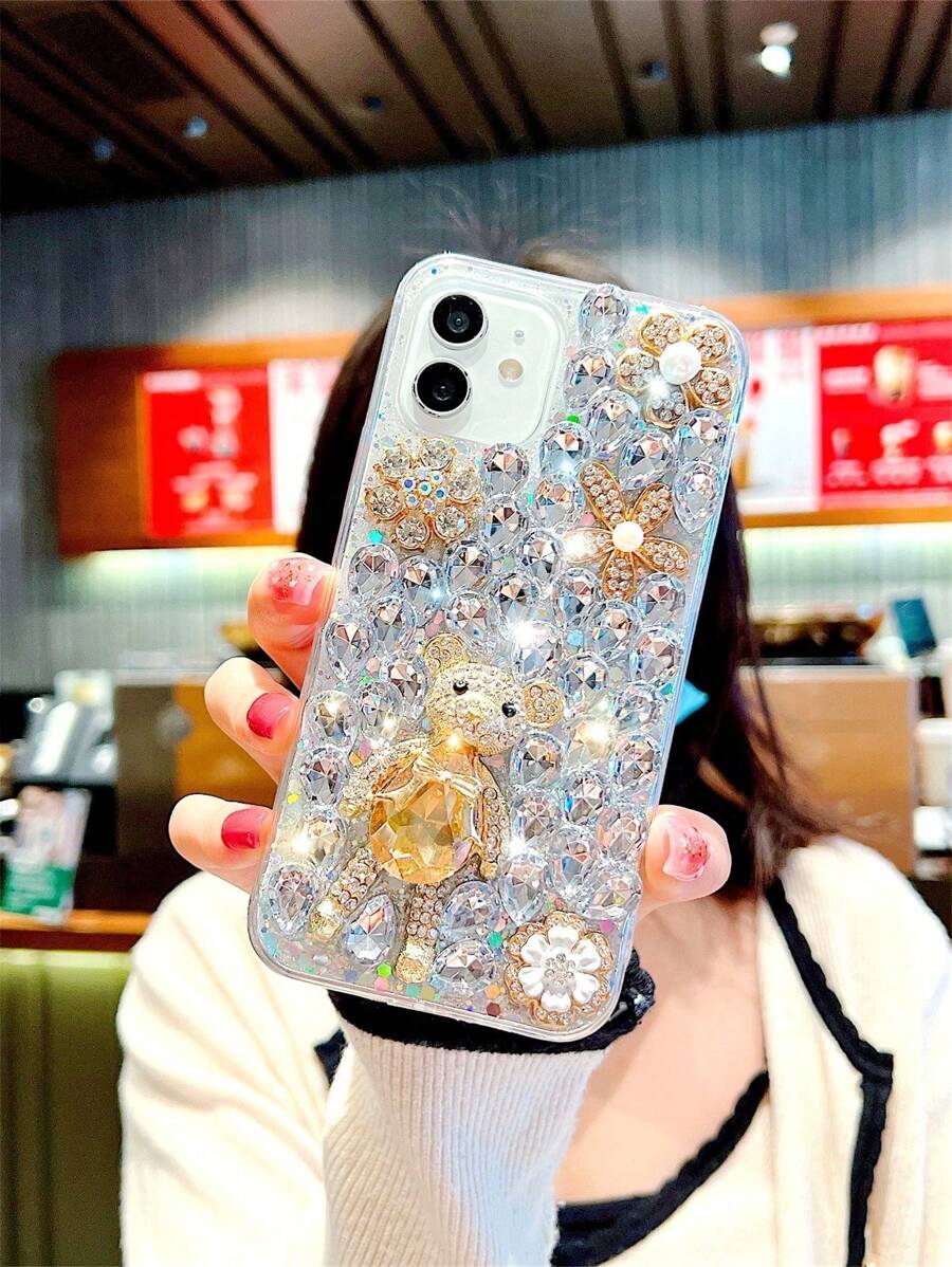 全水晶覆盖粉钻可爱小熊手机壳,玻璃材质,国际版,非国内版 - 銀色 - 查看 1