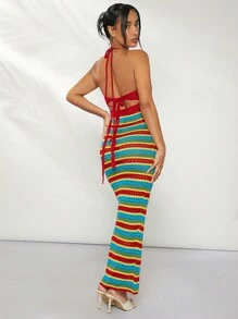 Hauture Women's Summer Colorful Striped Tie Front Hollow Out Halter Neck Cover Up Dress