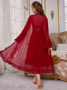 Slumberist Women's Red Lace Perspective Slip Dress And Robe Pajama Set - Burgundy - View 3