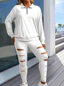 SHEIN LUNE Kích thước lớn Của phụ nữ Dây kéo nửa Mở Vòng cổ Tay áo dài Áo nỉ Và Xà cạp Bộ - trắng - Xem 3