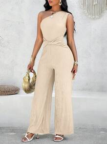 Zolique Solid Color Asymmetrical Neck Tie Waist Wide Leg Jumpsuit For Spring/Summer - Apricot - View 4