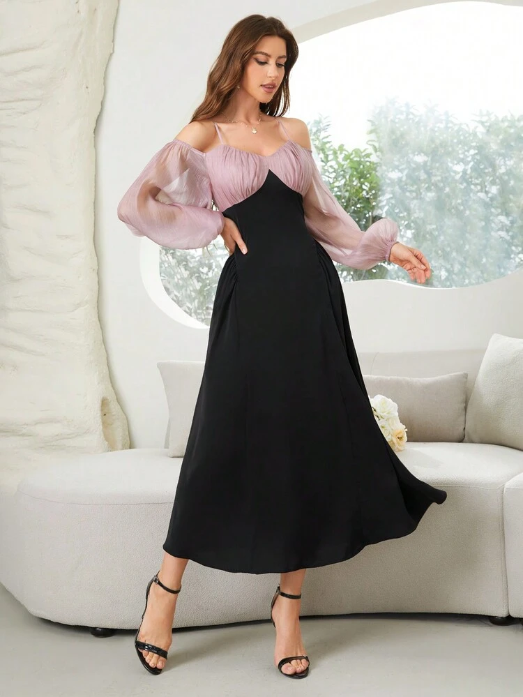 Women Contrast Mesh Bubble Sleeve Cami Dress