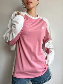 DAZY Color Contrast Star Printed Long Raglan Sleeve T-Shirt Y2k Long Sleeve Women Tops - Multicolor - View 3
