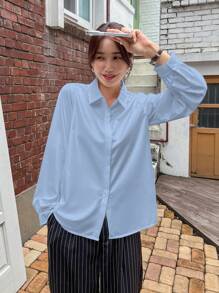 DAZY 1 件女士商务休闲纯色领口修身长袖衬衫，长袖上衣夏季 - 淺藍色 - 查看 3