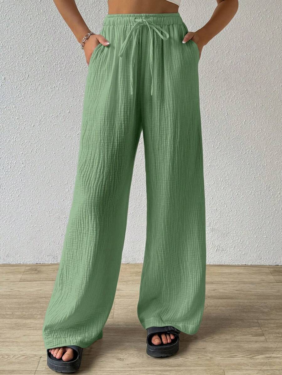 SHEIN EZwear 女性夏季時尚休閒紋理摺痕寬鬆寬腿褲 - 軍綠色 - 查看 1
