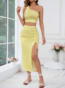 SHEIN VCAY Women's Summer Floral Crop Top & Drawstring Slit Skirt 2pcs Set - Yellow - View 4