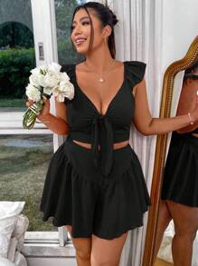 Flirla Plus Size Women's Summer Front Tie Flutter Sleeve Top And Shorts Set