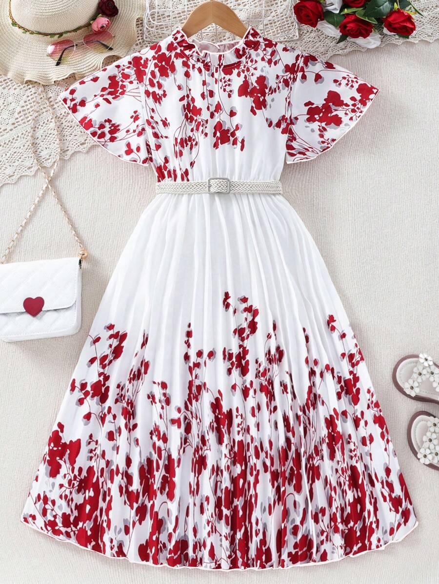 Tween Girls' Plant Print Frill Trim Pleated Hem Dress - Multicolor - View 1