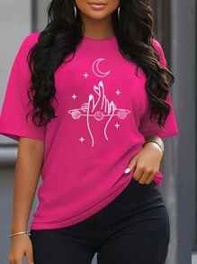 SHEIN Slayr 夏季休閒寬鬆落肩t恤,手印設計 - 玫紅色 - 查看 1