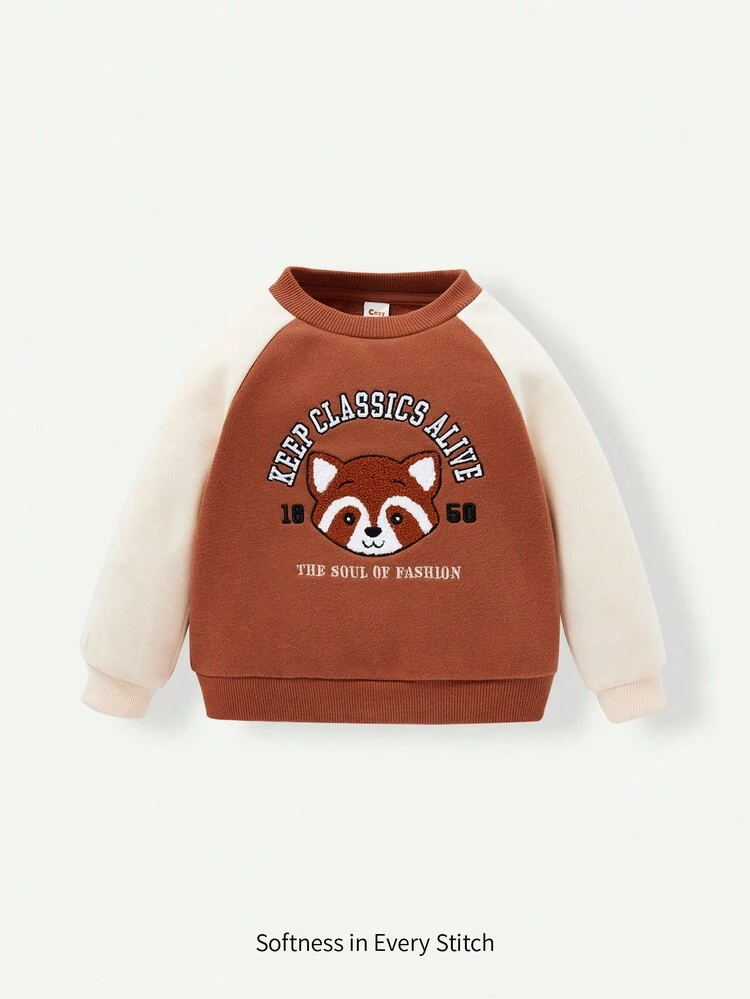 Baby Boy Letter and Cartoon Embroidered Raglan Sleeve Thermal Lined Sweatshirt