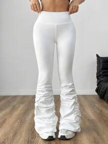 SHEIN EZwear White Sheer-Proof Shrinkage With Pleated Flare Pants For Spring And Summer - White - View 3