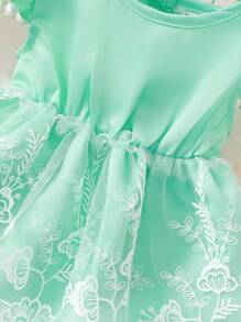 SHEIN New Born Baby Girl Summer Embroidered Mesh Dress Collared Cap Sleeve Dress With Flower Patchwork - Mint Green - View 4