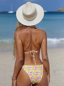 SHEIN Swim 夏季女士度假花卉印花露背系带两件套比基尼套装 - 彩色 - 查看 2