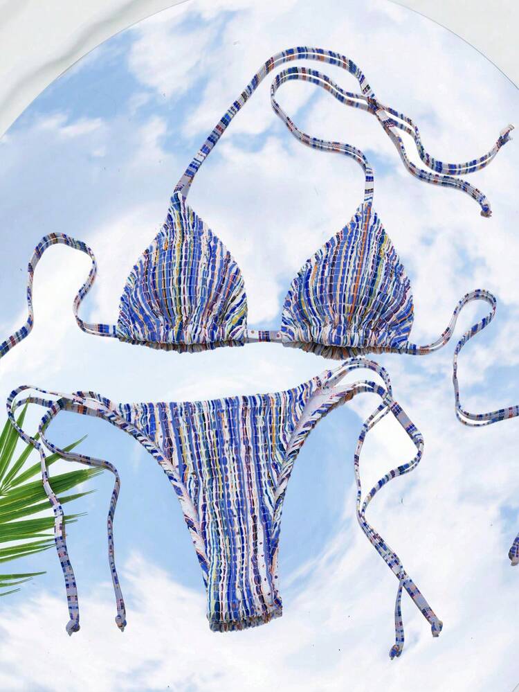 Women's Striped Halter Neck Tie Two-Piece Bikini Set Summer Beach