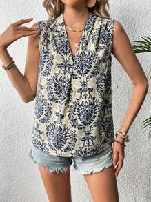 SHEIN LUNE Áo không tay cổ chữ V in họa tiết mùa hè thông thường - Màu xanh lam - Xem 4