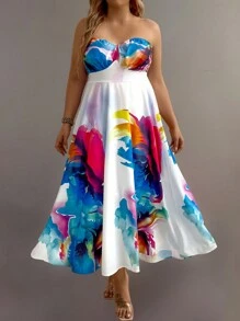 SHEIN LUNE Women Plus Size Colorful Printed Strapless Dress - Multicolor - View 4