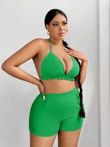 SHEIN SXY Damen Große Größen Outfit bestehend aus Bluse mit weiten Ärmeln, Tank Top und Shorts als Dreiteiler für den Sommer, süß für den Urlaub