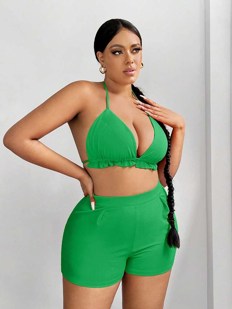 Plus Size Women's Flare Sleeve Shirt & Halter Top & Shorts Summer Three-Piece Set Vacation Outfits Cute For Vacation