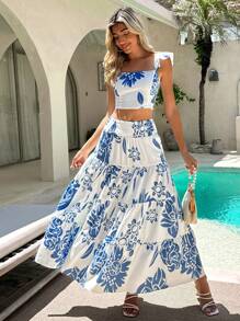 SHEIN VCAY NỮ Xanh In Viền Ruffle Trang trí Áo Và Bánh Bộ váy - Nhiều màu - Xem 3