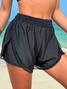 Swim SPRTY Summer Beach Ladies' Solid Color Elastic Waist Beach Shorts - Black - View 1