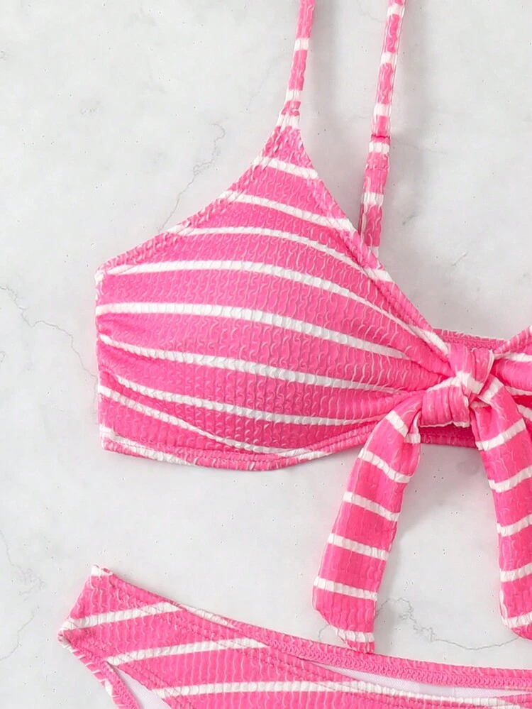 Women's Striped Printed Bralette And Bikini Bottom Set, Suitable For Pool,Summer Beach