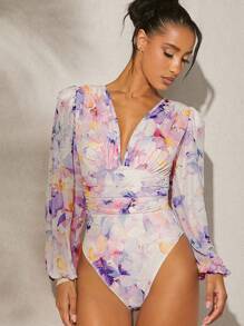 L'Amorae Elegant Allover Floral Print Lantern Sleeve Ruched Bodysuit