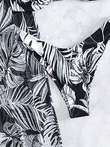 SHEIN Swim Summer Beach Tropical Print Bikini Set Knot Front Bra & High Cut Bottom & Cover Up Pants 3 Piece Bathing Suit - Black and White - View 3