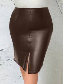 SHEIN Unity Plus Size Women's Solid Color PU Leather Split Hem Below Knee Skirt - Coffee Brown - View 3
