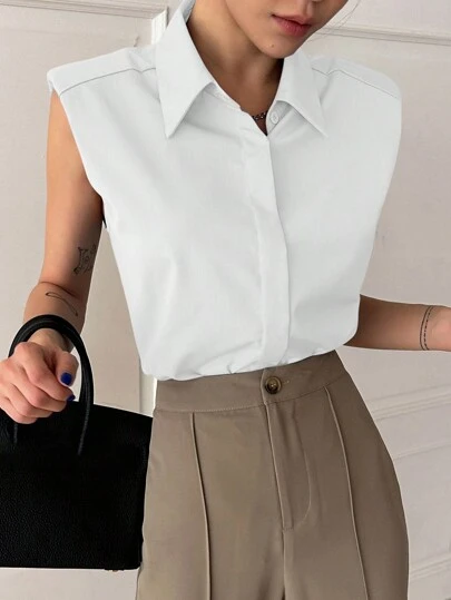 DAZY 纯色无袖女式衬衫，翻领加垫肩，无袖上衣，夏季外出上衣