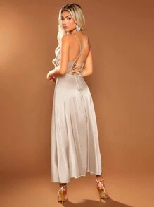 SHEIN BAE Vestido de tirantes de espagueti de verano con abertura trasera y escote en V para fiesta de cóctel - Caqui - Ver 2