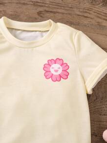 年輕女孩夏季休閒圓領短袖T卹，印有口號和卡通印花 - 黃色 - 查看 3