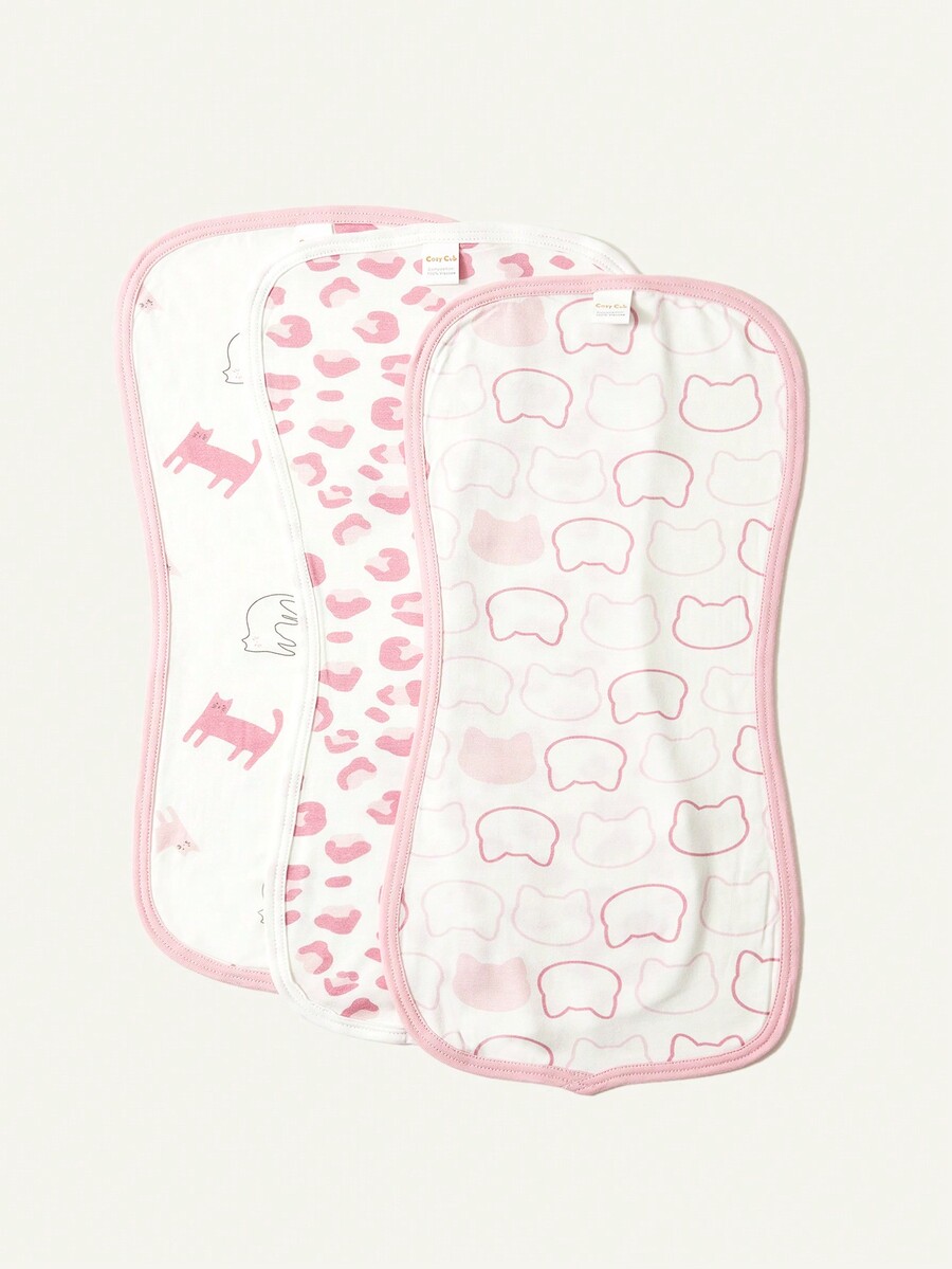 Cozy Pixies 3pcs Baby Burp Cloths Set (leopard Print + Pink Cat