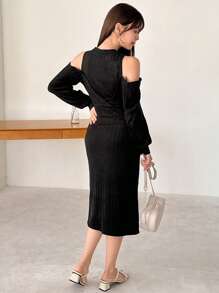 FRIFUL 女式露肩长袖连衣裙，秋季连衣裙 - 黑色 - 查看 5