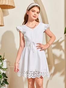 SHEIN Tween Girls' Vacation & Casual Spring/Summer Solid Color Woven V-Neck Flutter Sleeve Waist Tie Dress - White - View 4