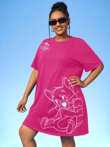 TOM & JERRY X SHEIN Váy thun hở vai in họa tiết hoạt hình cỡ lớn - Màu Hồng Tươi - Xem 1