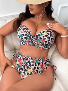 SHEIN Swim Curve Summer Beach Plus Size Random Printed Underwire Bra & Bikini Set Bottom Separates Bikini Set, 2pcs/Set - Multicolor - View 5