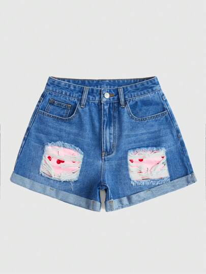 Sweetness Shorts vaqueros con borde enrollado y estampado de cerezas