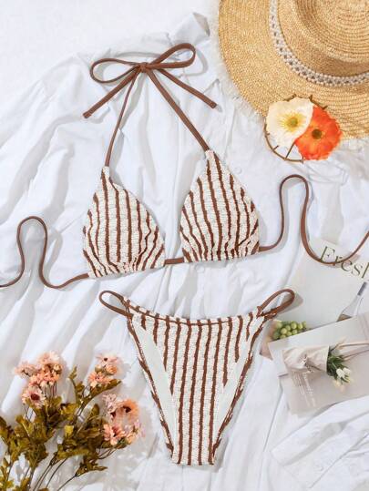 SHEIN Swim Ensemble de bikini rayé avec soutien-gorge et bas de bain pour femme, maillot de bain pour la plage d'été