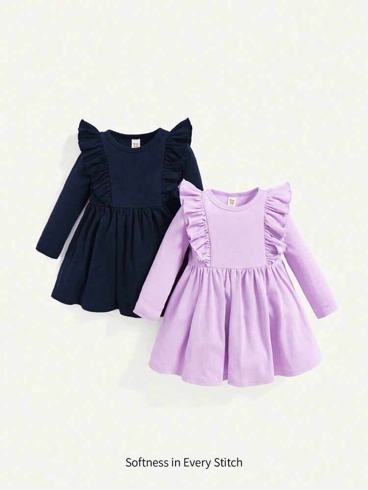 Baby Girl 2pcs Solid Ruffle Trim Dress