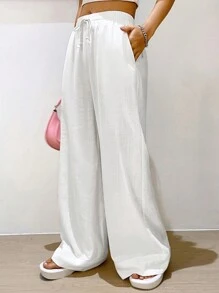 SHEIN EZwear White Woven Women's Wide Leg Pants - White - View 5