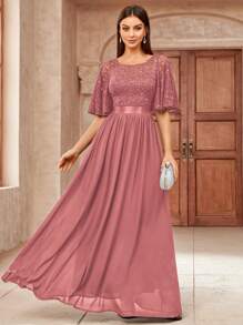 MIUSOL Elegant Sequin Floral Lace Ruffle Sleeve Ruched Chiffon Formal Party Dress Prom Evening Wedding Guest Gown, For Graduation, Dinner - Dusty Pink - View 2