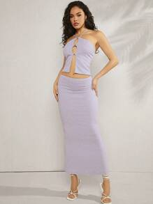 L'Amorae Textured Tie Halter Top & Skirt Two Piece Set