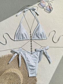 SHEIN Swim Conjunto de bikini con tiras metálicas sexy para el verano - Plateado - Ver 4