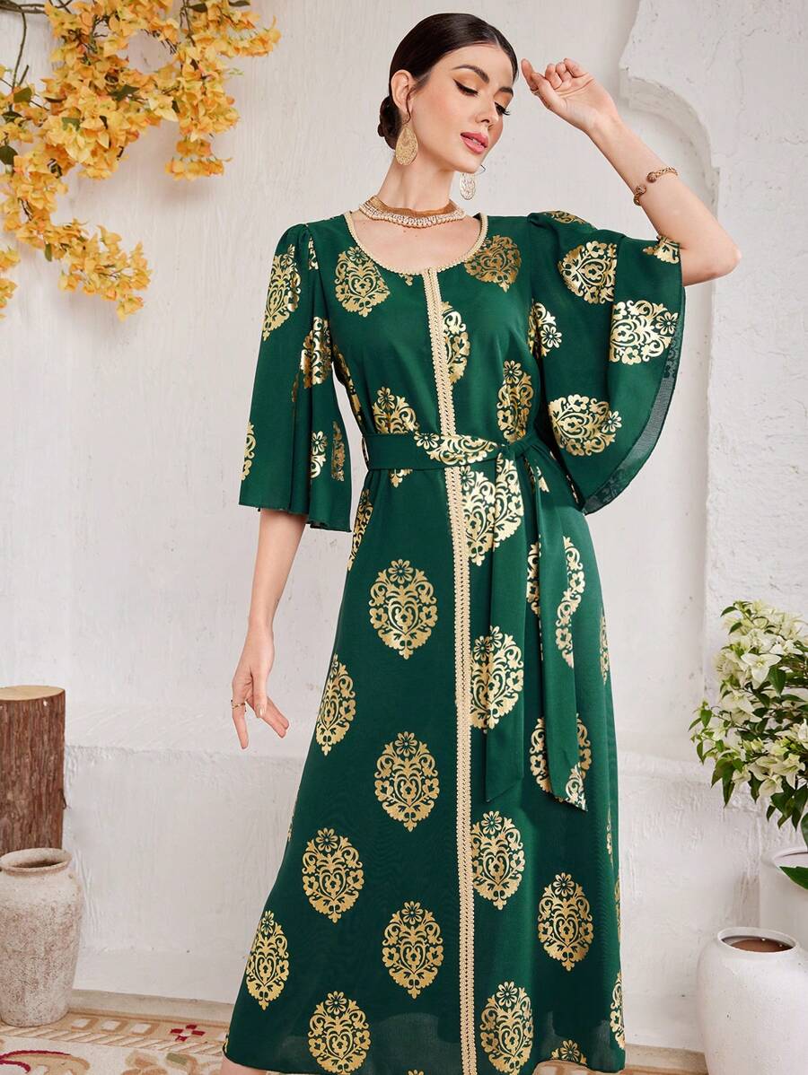Al Najma NỮ Dài Tiếng  Ả Rập Phong cách Đầm Với Vòng cổ , Ruffled Và In hoa - màu xanh lá - Xem 1