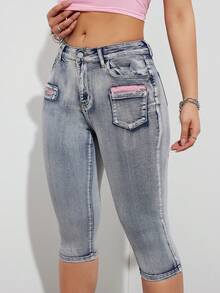 Quần jeans nữ Y2K phối màu xám, túi khóa kéo, dáng skinny, co giãn, kiểu dáng đường phố năng động, thích hợp cho mùa xuân/hè. - Xám - Xem 3