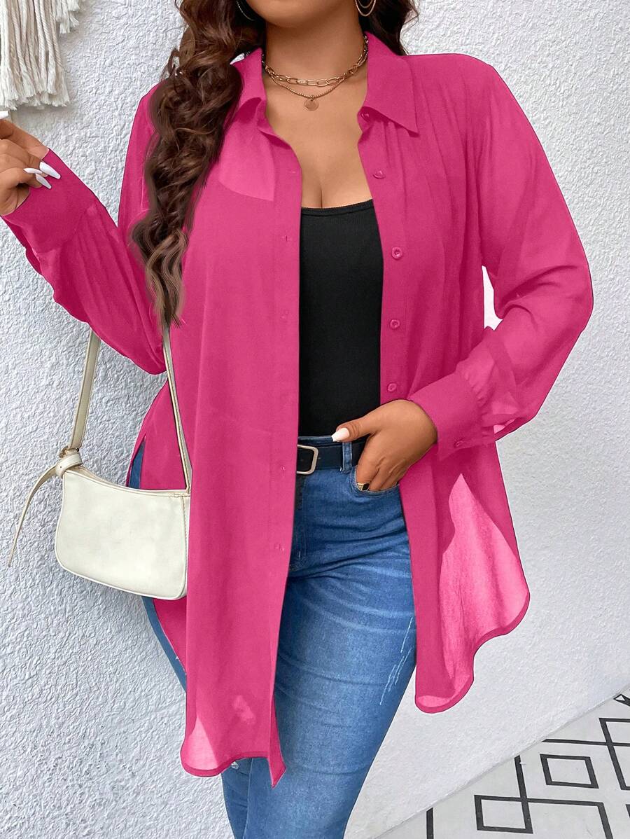SHEIN Privé Plus Size Solid Color Loose Fit Casual Shirt With Side Split